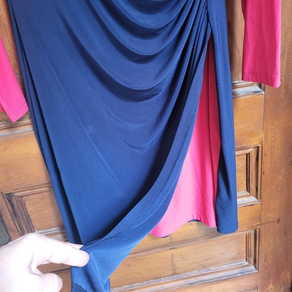 Ralph Lauren Size 14 Dress Deep Pink Navy Blue Ruched Side Stretch - Picture 2 of 6